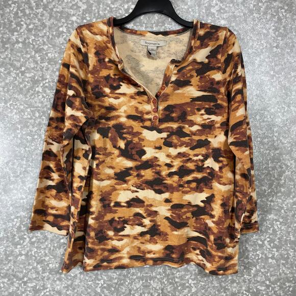 Roaman's Women's Orange & Brown Camouflage Waffle Knit Tee - Size Large - Henley - Picture 1 of 6